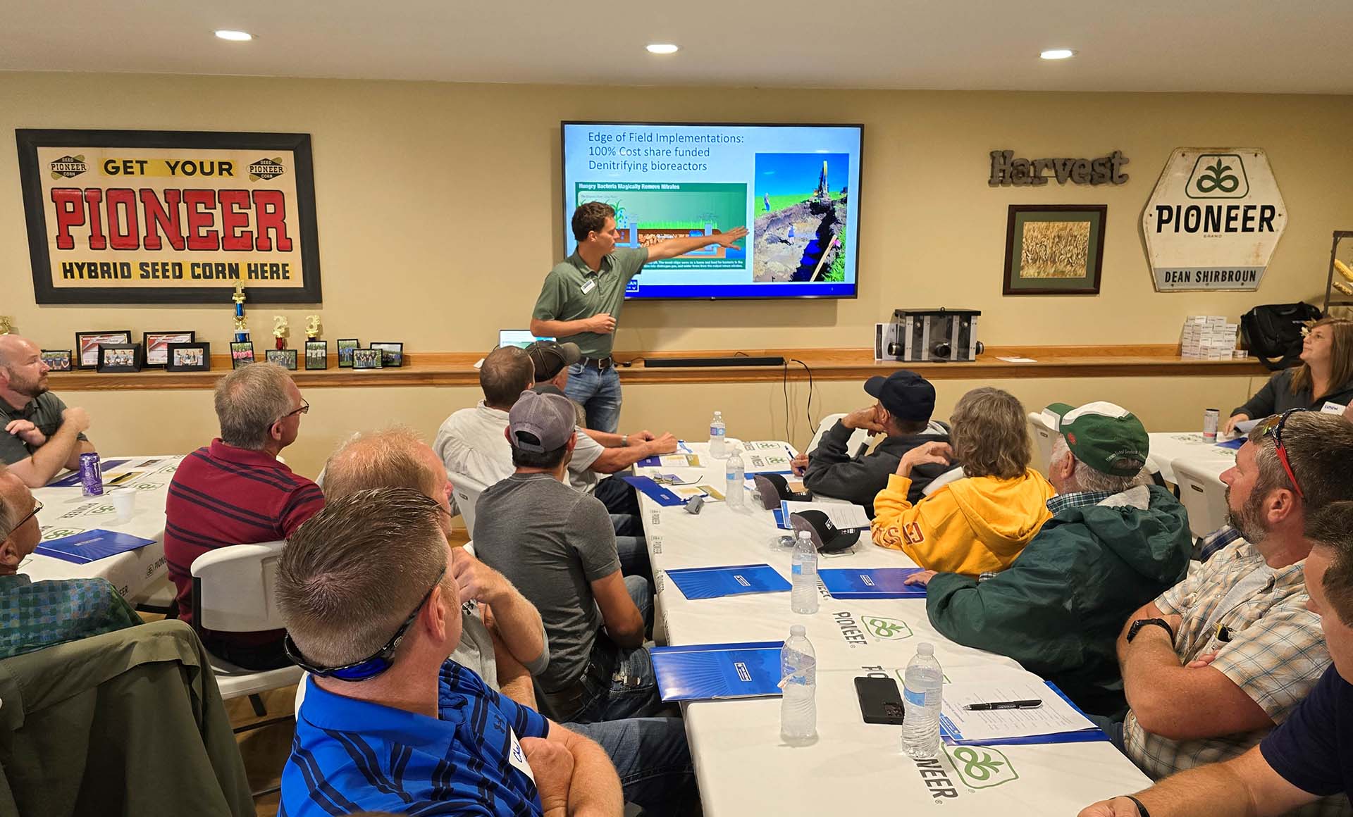 Evan Brehm presenting to farmers