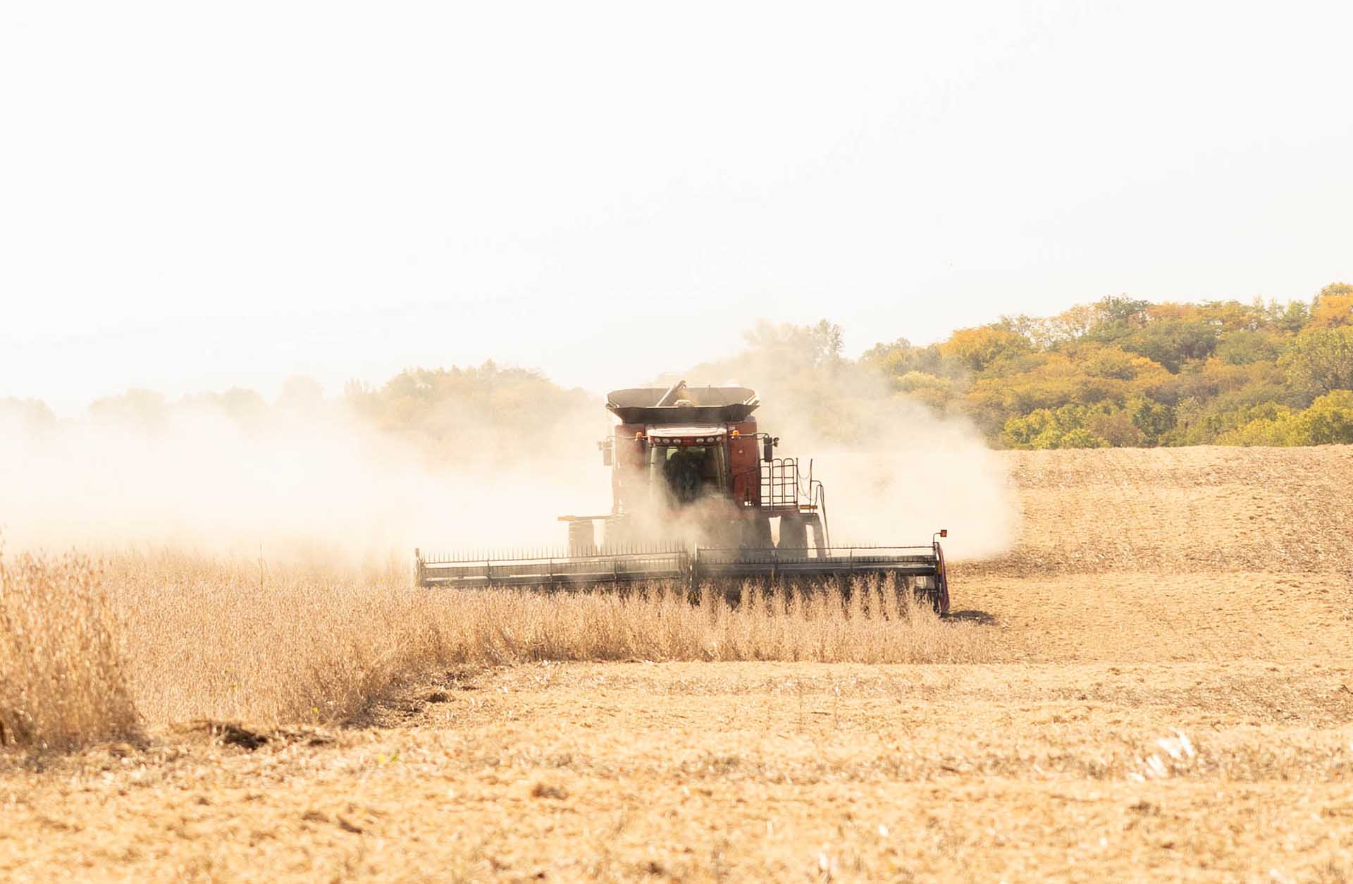 Red farm equipment in Iowa field